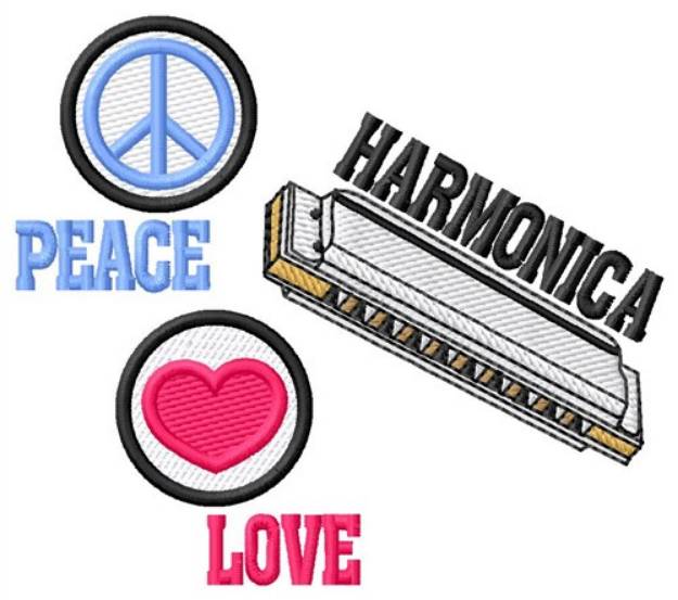 Picture of Peace Love Harmonica Machine Embroidery Design