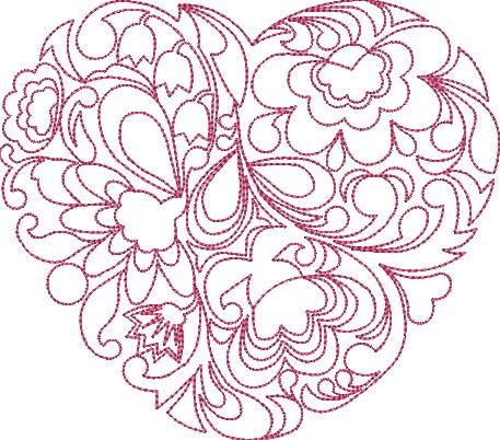 Floral Outline Heart Machine Embroidery Design