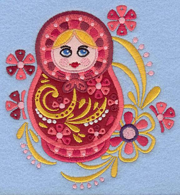 Picture of Matryoshka Applique Doll E with flowers Machine Embroidery Design