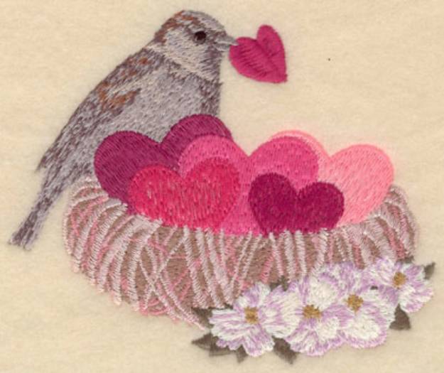 Picture of Finch and Hearts Nest Machine Embroidery Design