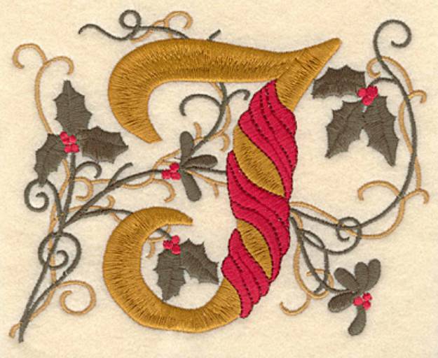 Picture of Holly Christmas Letter J Machine Embroidery Design