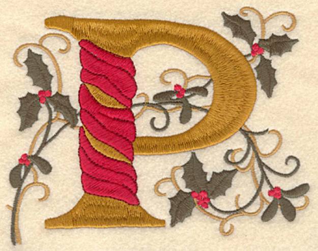 Picture of Holly Christmas Letter P Machine Embroidery Design