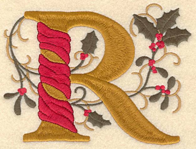 Picture of Holly Christmas Letter R Machine Embroidery Design