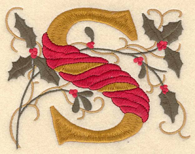 Picture of Holly Christmas Letter S Machine Embroidery Design