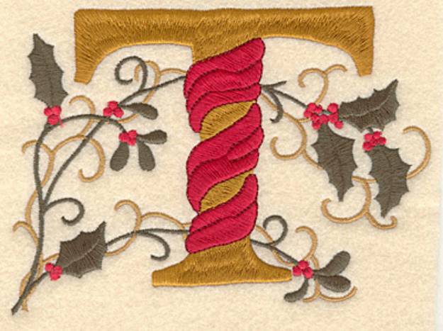 Picture of Holly Christmas Letter T Machine Embroidery Design
