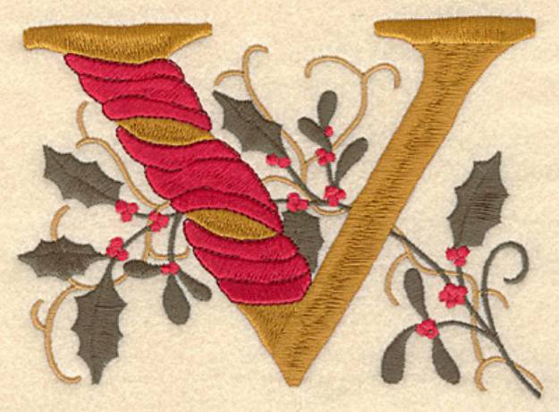 Picture of Holly Christmas Letter V Machine Embroidery Design