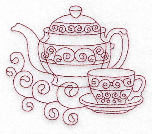Picture of Teapot & Teacup Redwork Machine Embroidery Design