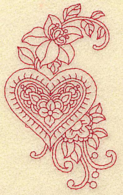 Picture of Floral Heart Redwork Machine Embroidery Design