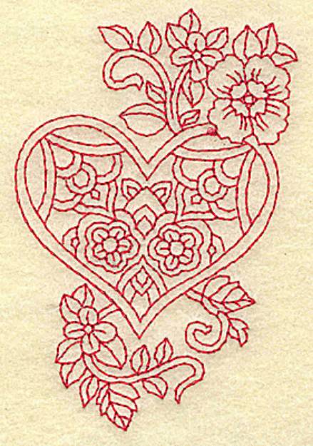 Picture of Redwork Heart And Floral Machine Embroidery Design
