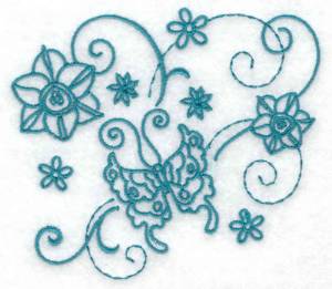 Picture of Butterfly and Flowers Redwork Machine Embroidery Design
