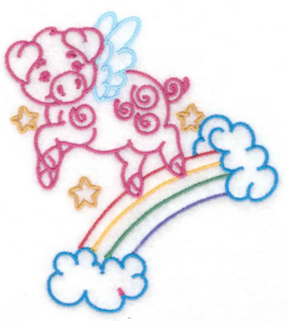 Picture of Pig Flying Over Rainbow Machine Embroidery Design