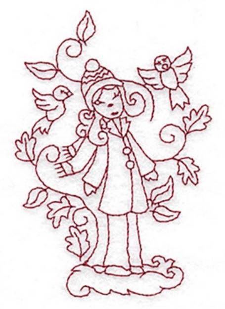 Picture of Woman with Birds Redwork Machine Embroidery Design