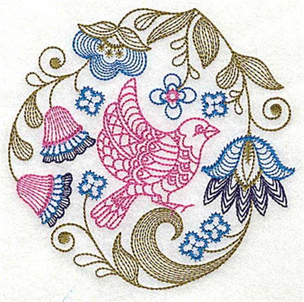 Picture of Jacobean Bird And Flowers Machine Embroidery Design