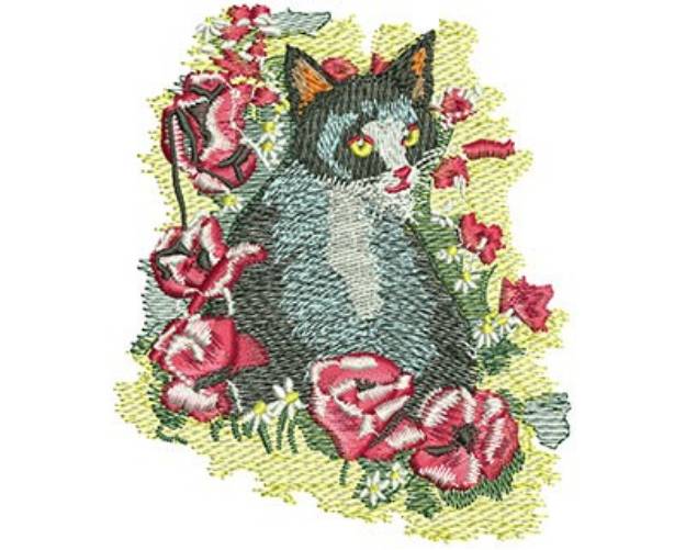 Picture of Cat Among The Flowers Machine Embroidery Design