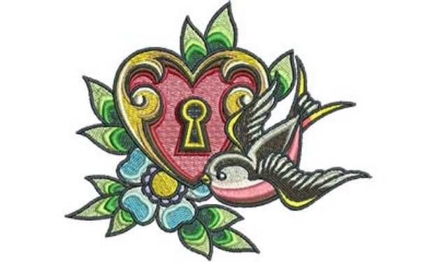 Picture of Heart Lock & Swallow Machine Embroidery Design