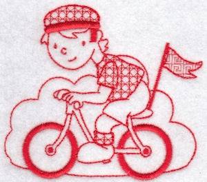 Picture of Sporty Boys Redwork Too Bicycling Machine Embroidery Design