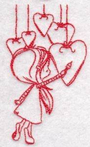 Picture of Redwork Wryn & Hearts Machine Embroidery Design