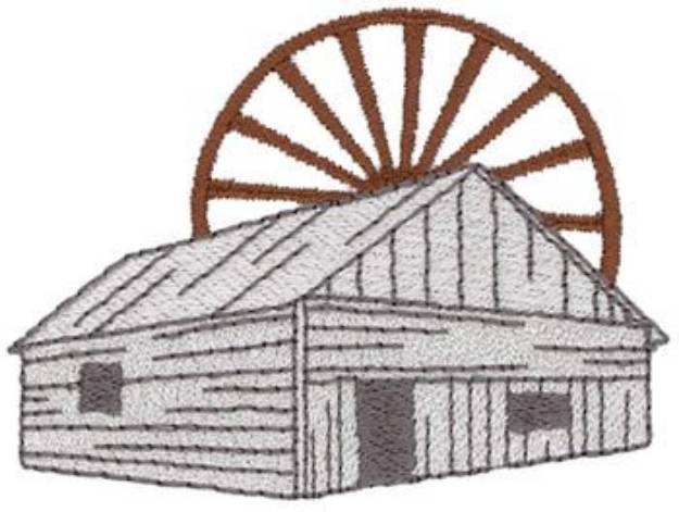 Picture of Old Building & Wagon Wheel Machine Embroidery Design