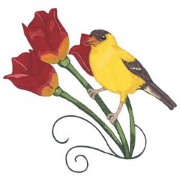 Picture of Goldfinch with Tulips Machine Embroidery Design