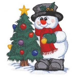 Picture of Snowman Decorating Christmas Tree Machine Embroidery Design