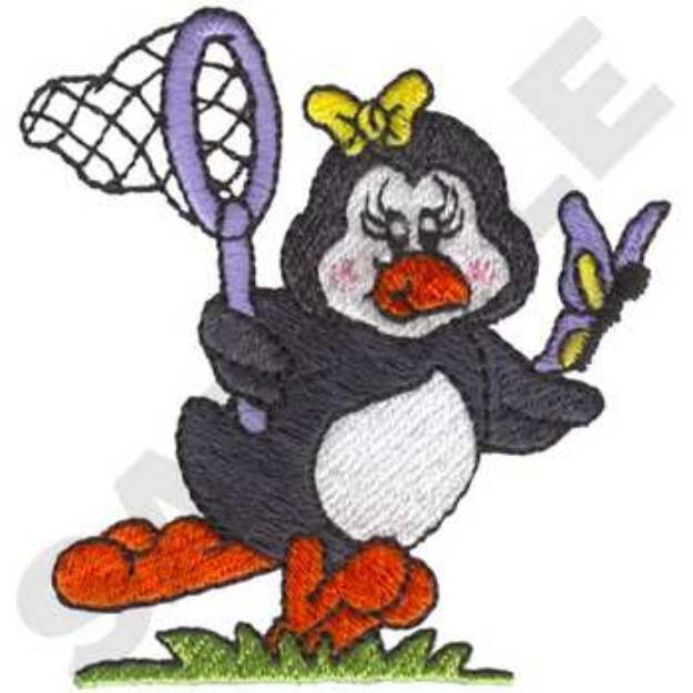 Picture of Butterfly Catching Penguin Machine Embroidery Design