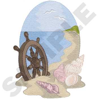 Ships Wheel On Beach Machine Embroidery Design