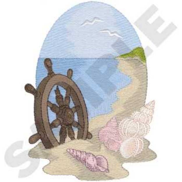 Picture of Ships Wheel On Beach Machine Embroidery Design