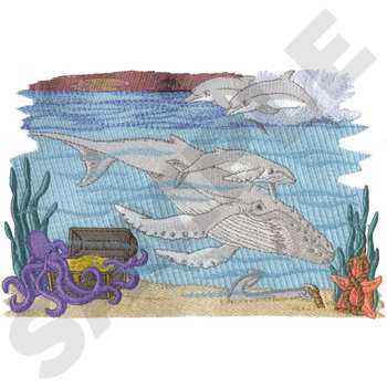 Dolphin & Whales Scene Machine Embroidery Design