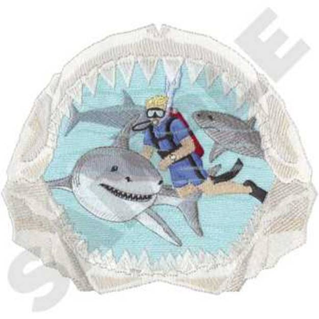 Picture of Scuba Diver Sharks Machine Embroidery Design