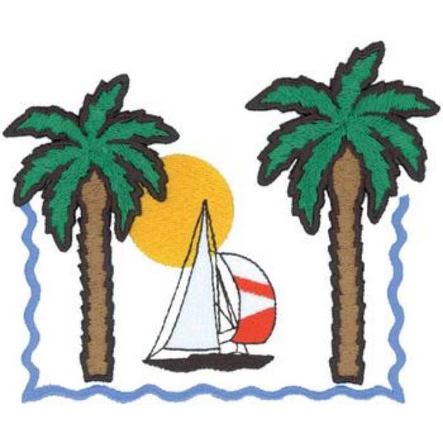 Picture of 3D Sailboat With Palms Machine Embroidery Design