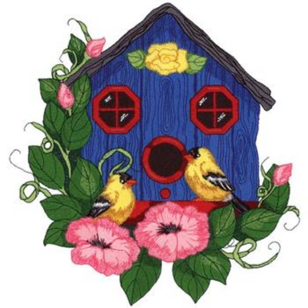 Picture of Goldfinches In Birdhouse Machine Embroidery Design