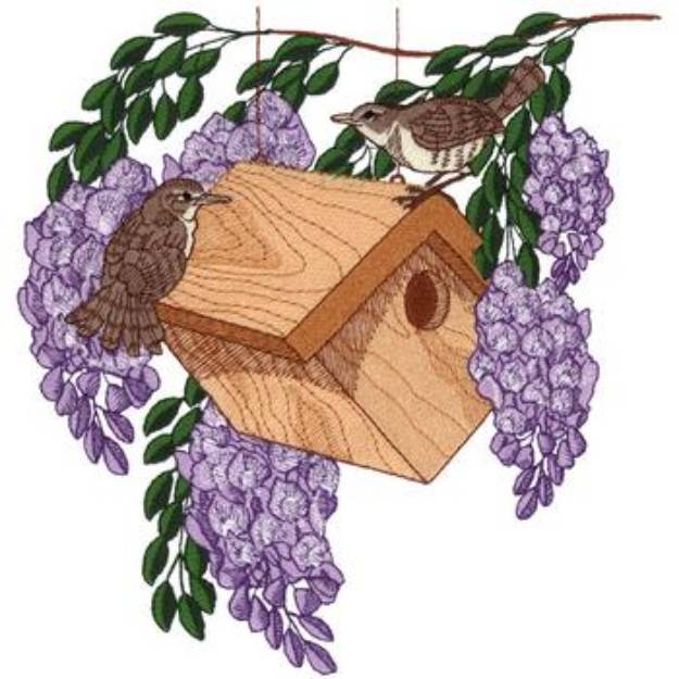 Picture of Wrens With Birdhouse Machine Embroidery Design