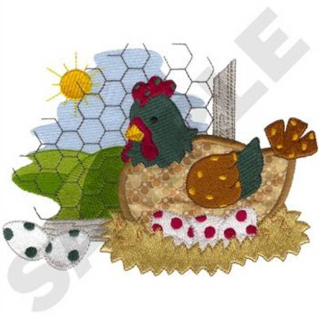 Picture of Hen In Coop Applique Machine Embroidery Design