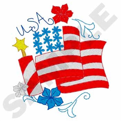 Patriotic Floral Flag Machine Embroidery Design