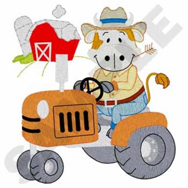 Picture of Cow On Tractor Machine Embroidery Design