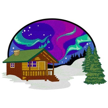 Cabin With Northern Lights Machine Embroidery Design