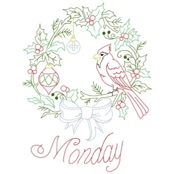 Christmas Redwork Monday Wreath Machine Embroidery Design
