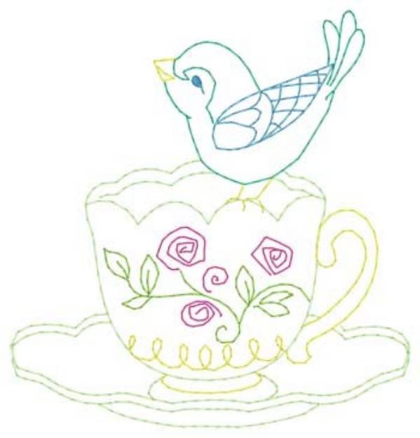 Picture of Bird On Teacup Machine Embroidery Design