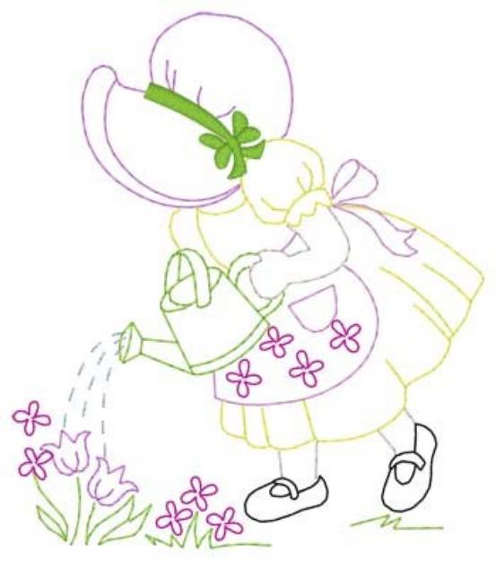 Picture of Girl Watering Flowers Machine Embroidery Design