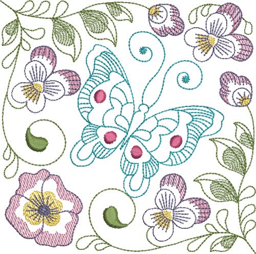 Butterfly & Pansies Square Machine Embroidery Design