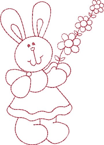 Redwork Bunny & Flowers Machine Embroidery Design