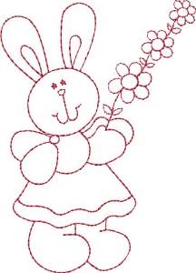 Picture of Redwork Bunny & Flowers Machine Embroidery Design