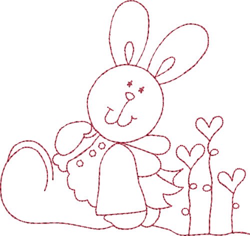 Redwork Hearts Bunny Machine Embroidery Design
