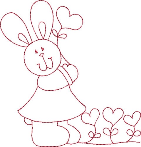 Redwork Bunny & Hearts Machine Embroidery Design