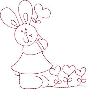 Picture of Redwork Bunny & Hearts Machine Embroidery Design