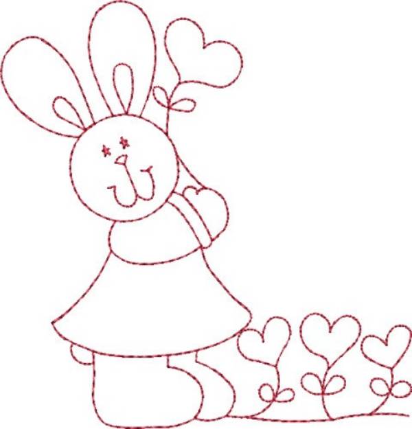 Picture of Redwork Bunny & Hearts Machine Embroidery Design
