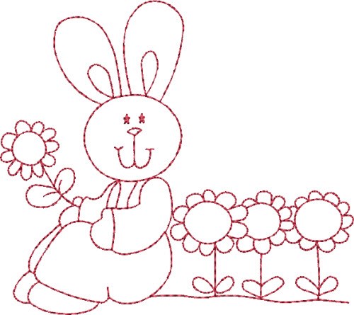 Redwork Bunny & Sunflowers Machine Embroidery Design