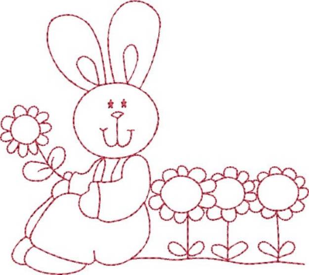 Picture of Redwork Bunny & Sunflowers Machine Embroidery Design