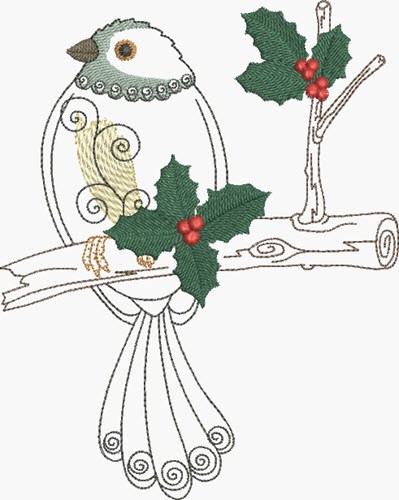 Bird with Holly Machine Embroidery Design