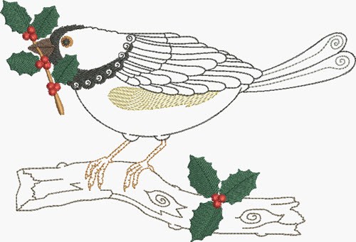 Christmas Bird Perched Machine Embroidery Design
